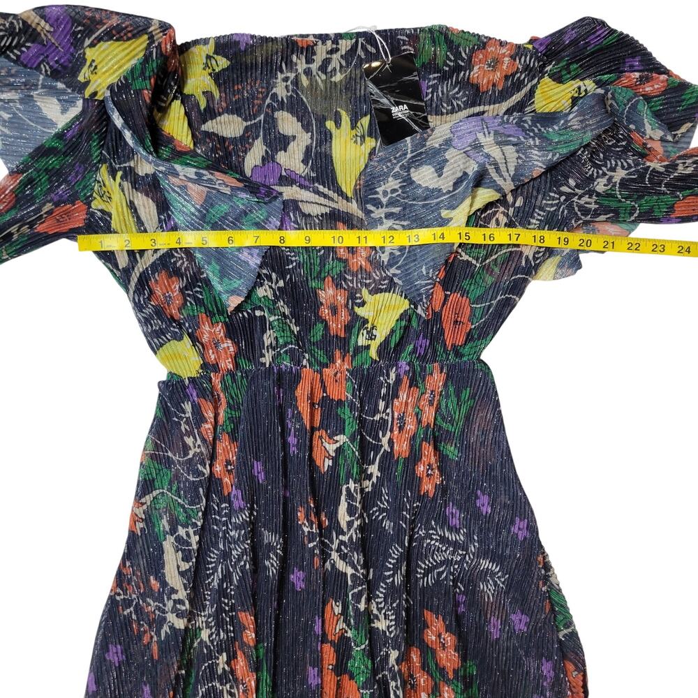 ZARA collection shiny pleated long sleeve ruffle shoulders floral dress size S - Picture 10 of 11
